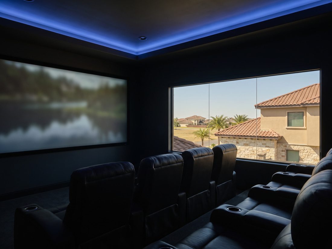 A home theater with leather recliners and a large screen