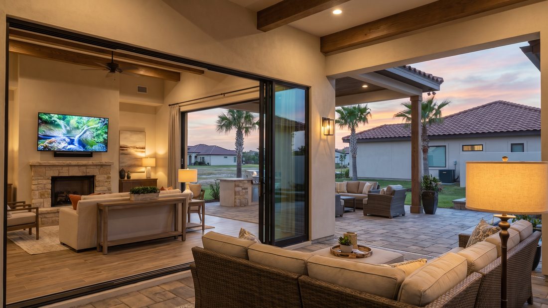 An open living room opening onto a covered patio at dusk