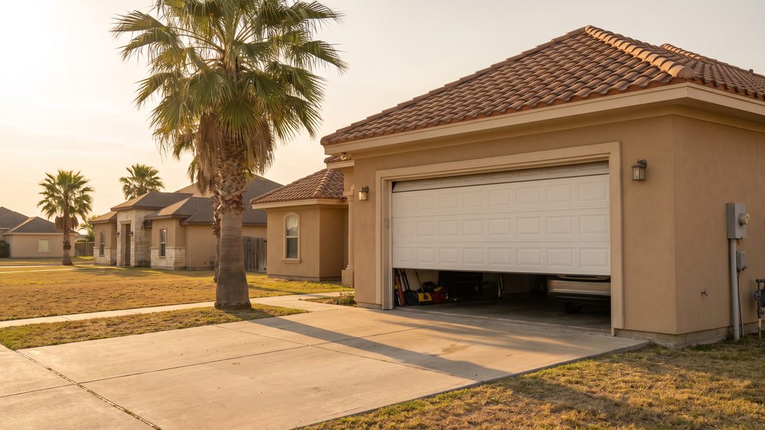 A stucco home with its garage door partly open