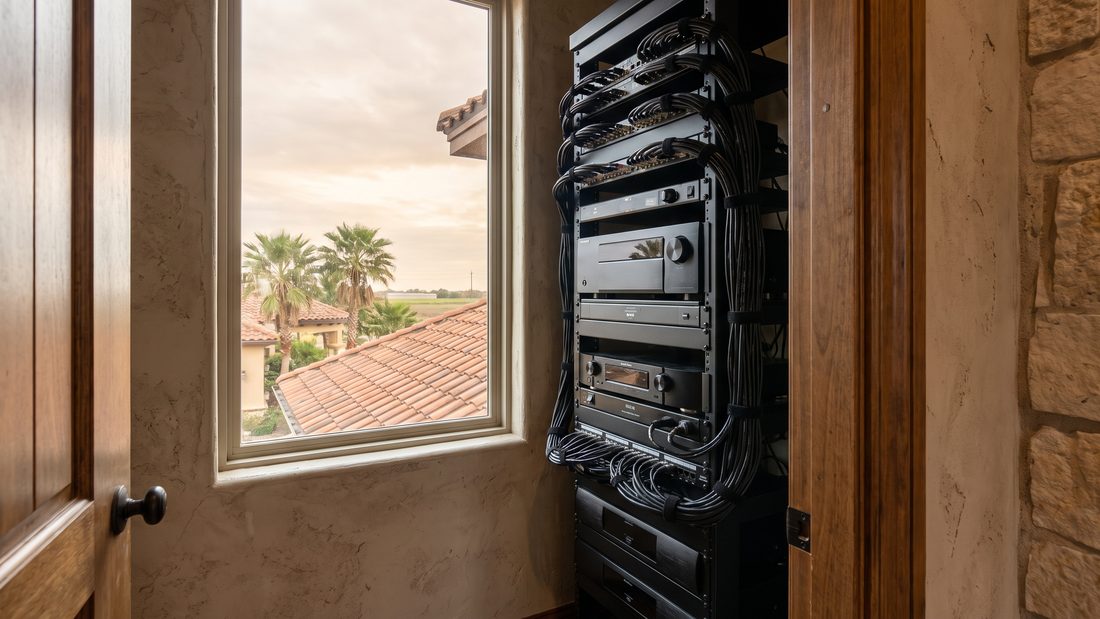 A rack of audio and video equipment in a home