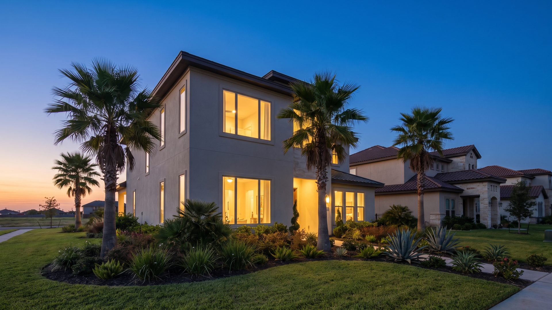 A McAllen home at dusk with its lights on and palm trees in the front yard