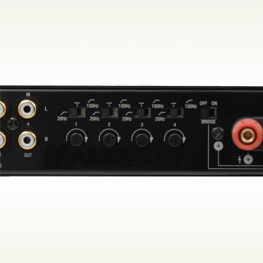 Rear panel of an amplifier with filter and level controls