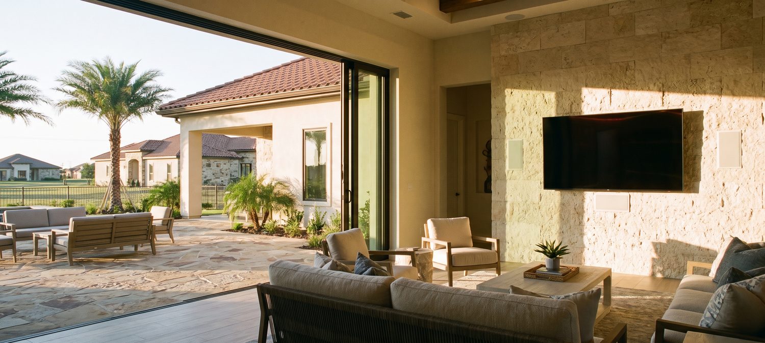 A living room with a TV opening onto a patio