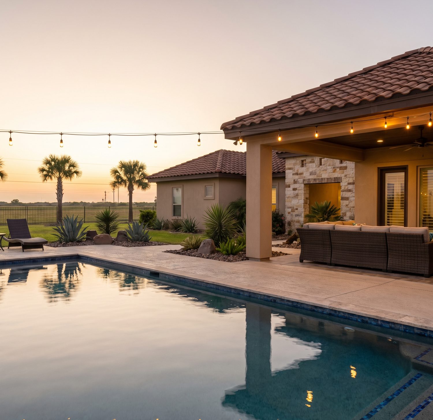 A backyard pool and covered patio at dusk