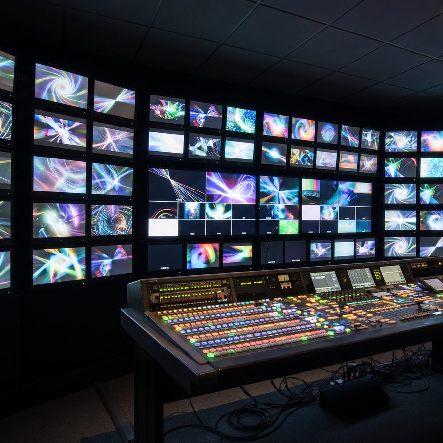 A control room with a wall of video monitors and a mixing desk