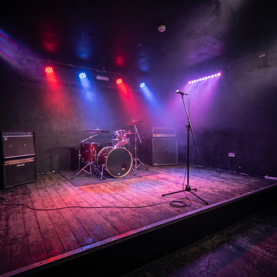 An empty stage with colored lights, a drum kit and amplifiers