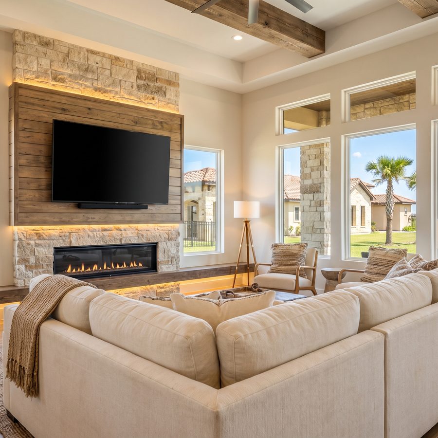 A living room with a TV above a linear fireplace
