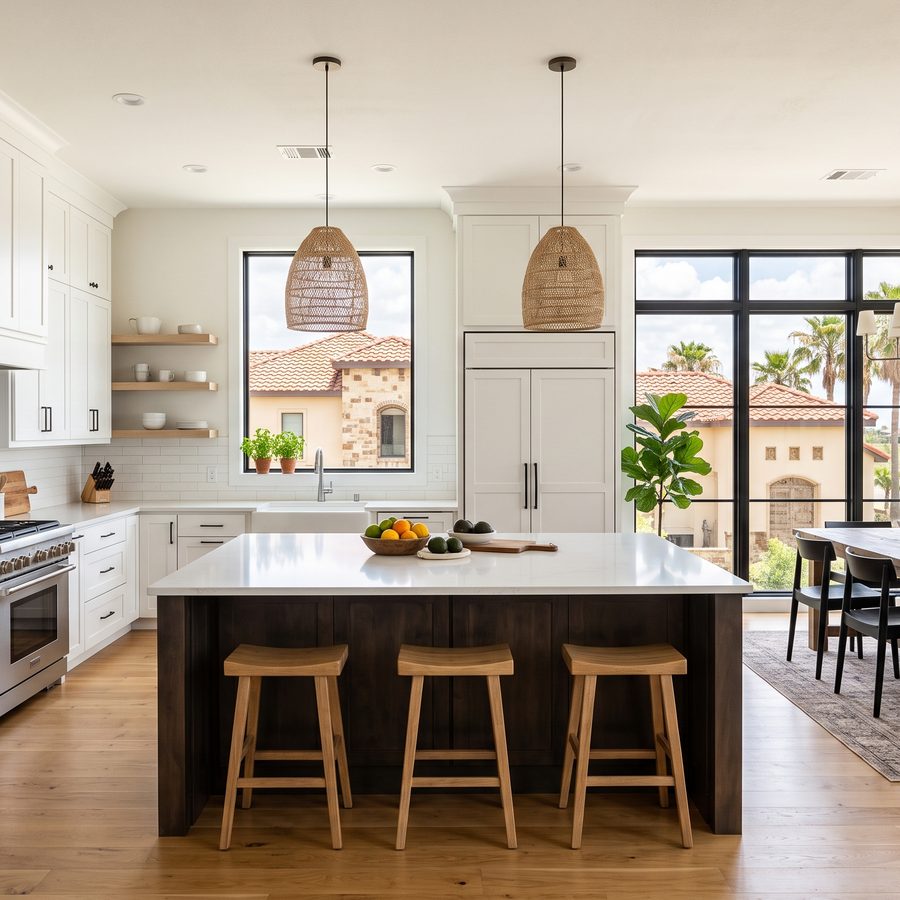 A bright kitchen and dining area in a new home