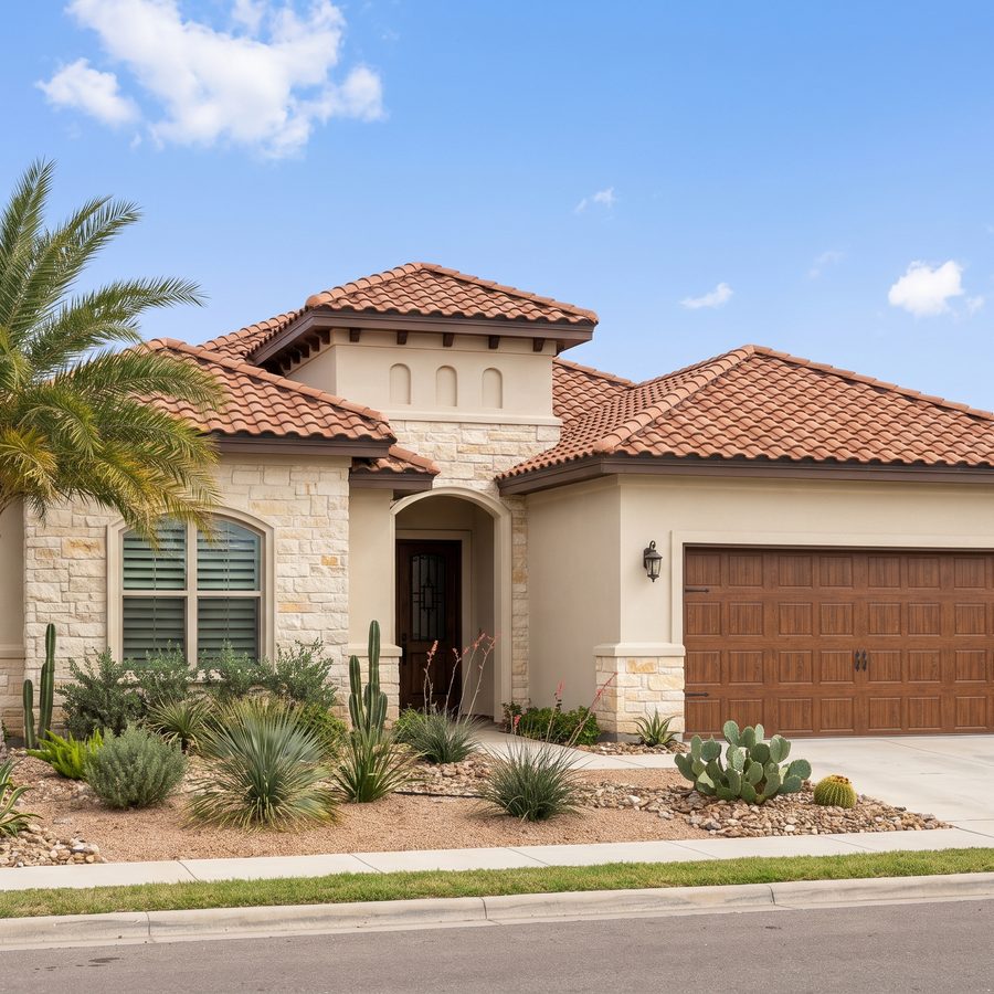 A stucco home with a closed garage door and a palm tree