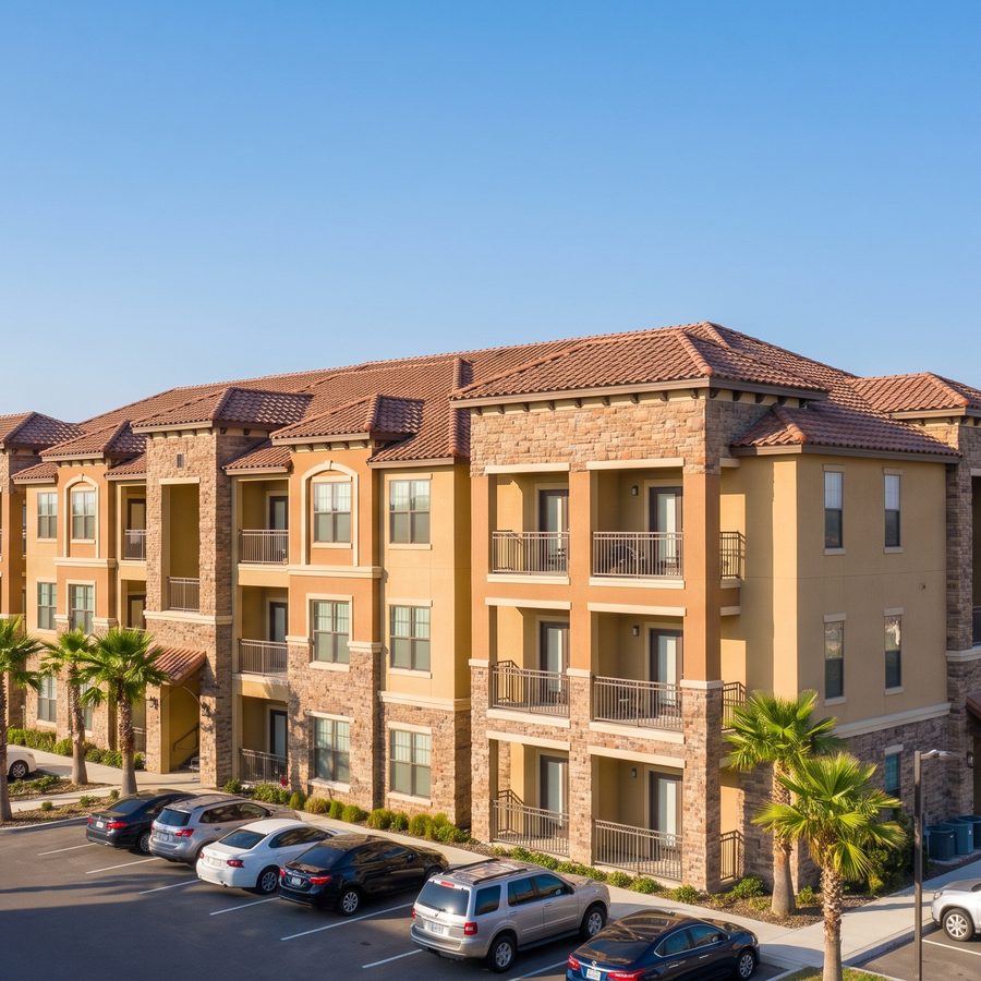 A three-story apartment complex with palm trees