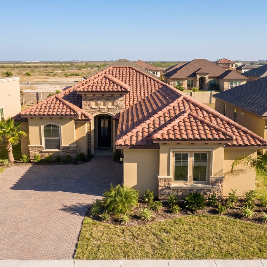 A newly built stucco home with a tile roof