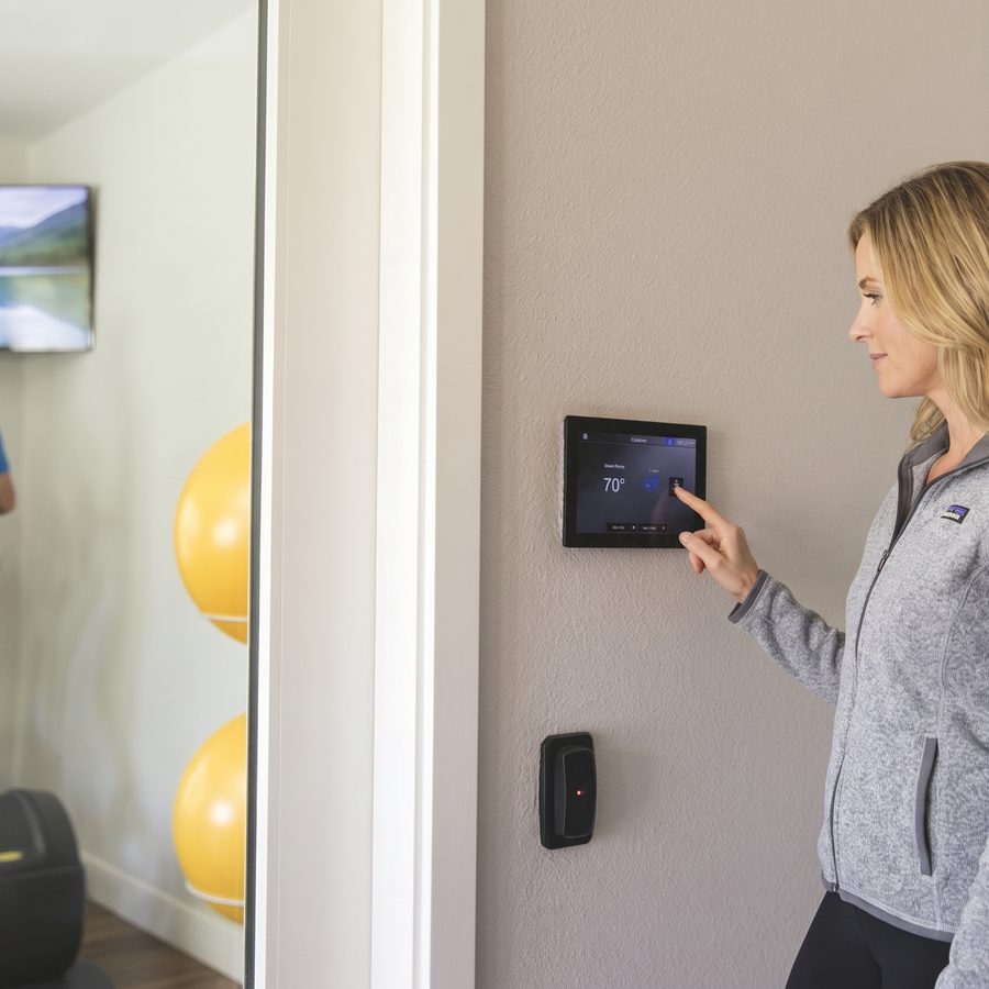 A woman adjusting a wall-mounted control panel