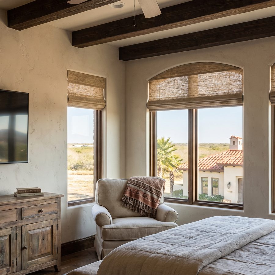 A bedroom with a wall-mounted TV and large windows