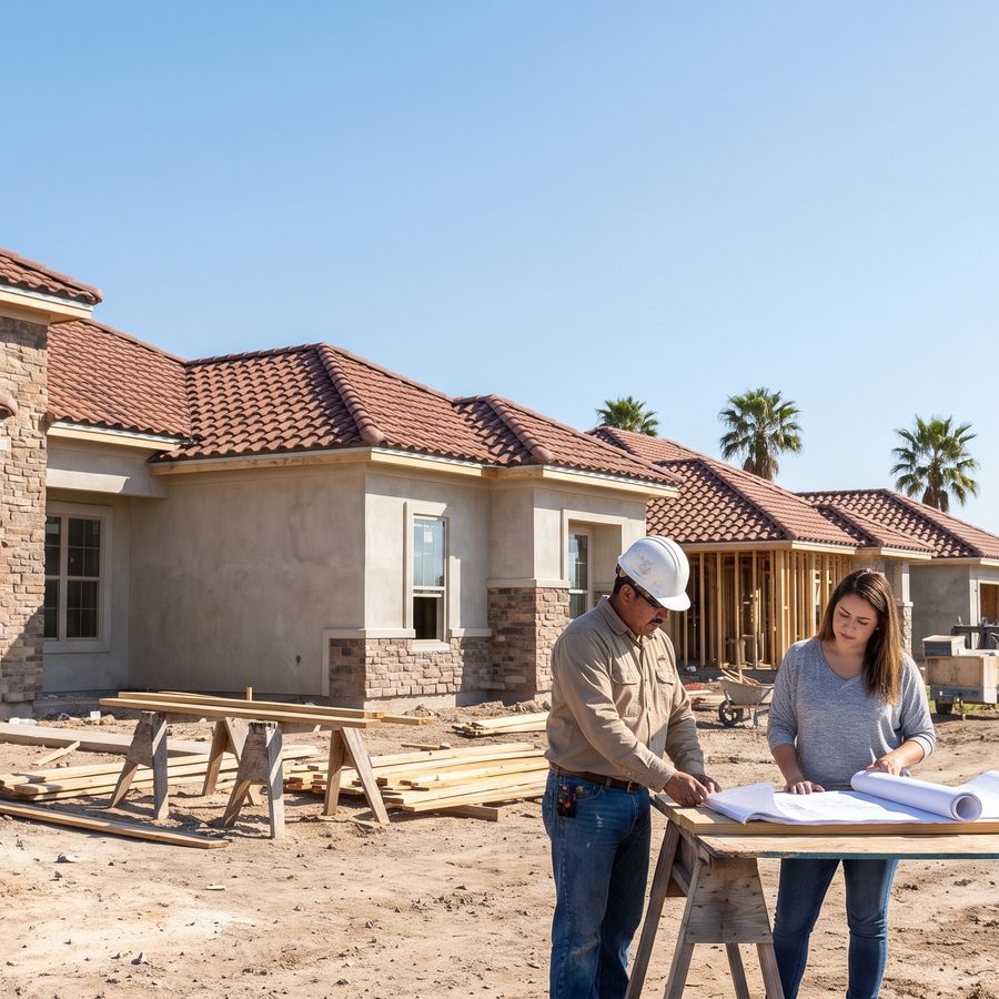 A builder and a homeowner reviewing plans at a construction site