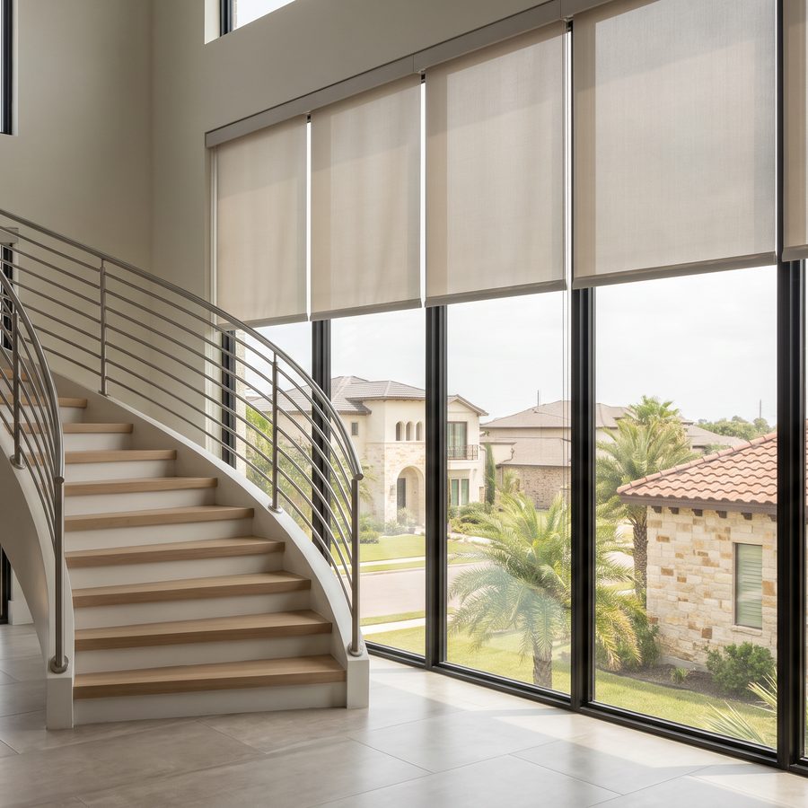 A curved staircase beside tall windows with roller shades
