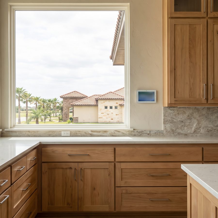 A kitchen with a small touch panel on the wall