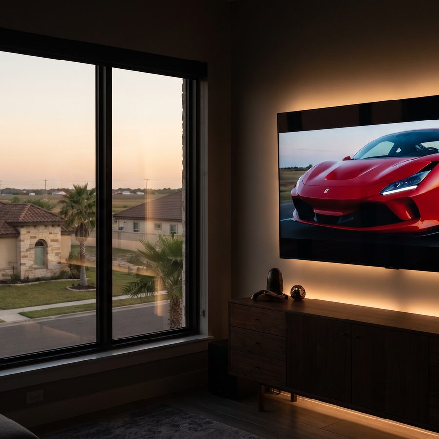 A media room with a large TV beside a window