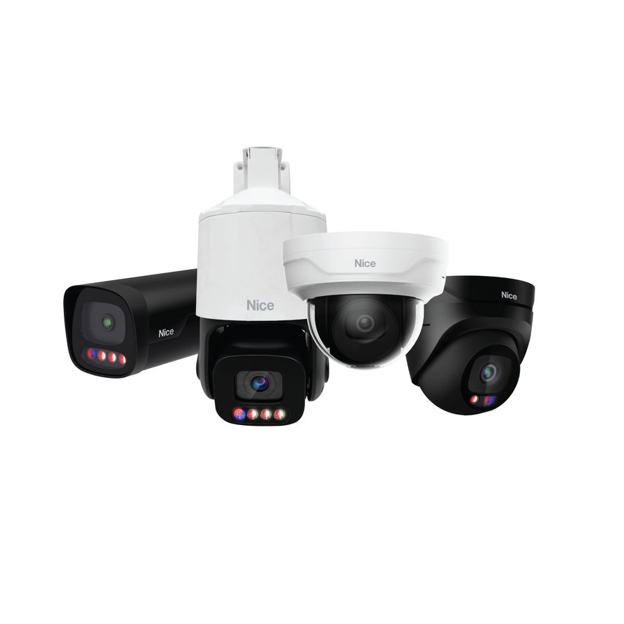A lineup of Nice surveillance cameras in several housing styles