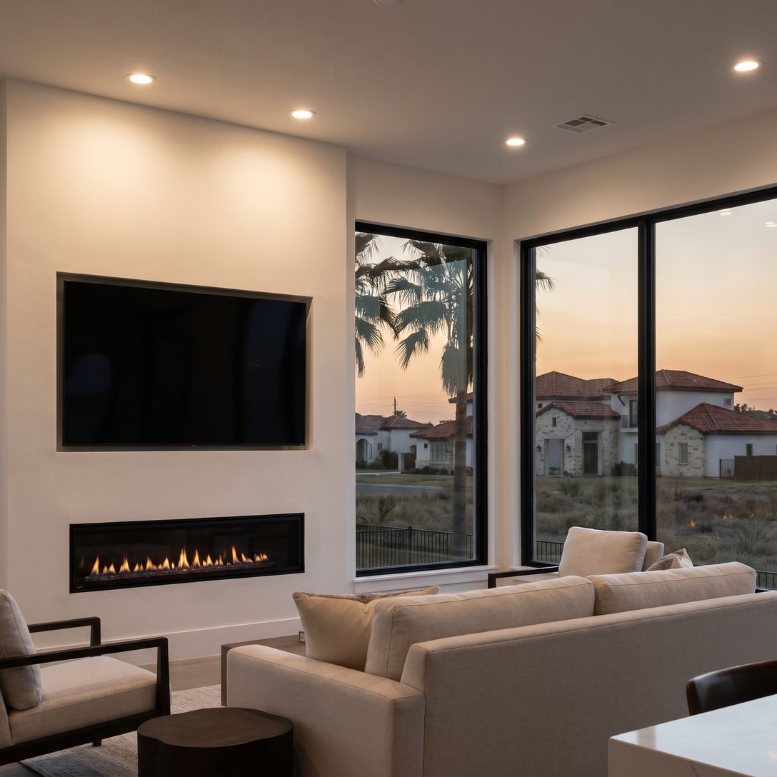 A living room with a TV above a linear fireplace