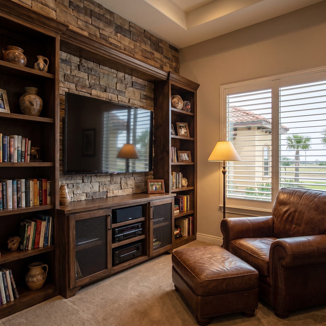 A family room with bookshelves, a TV and an equipment cabinet