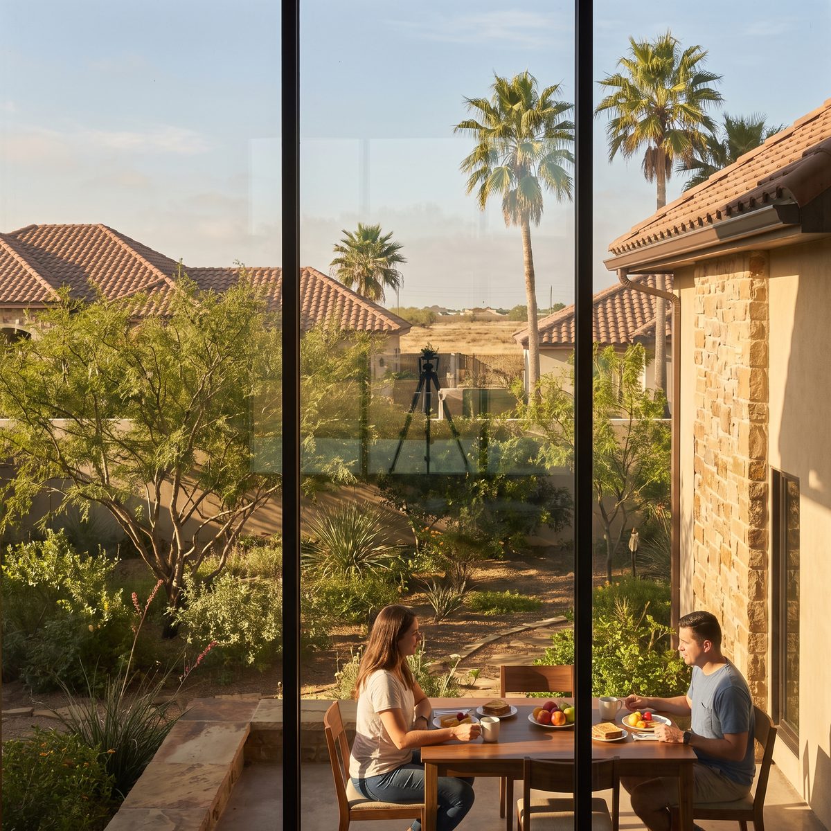 Two people having breakfast on a patio