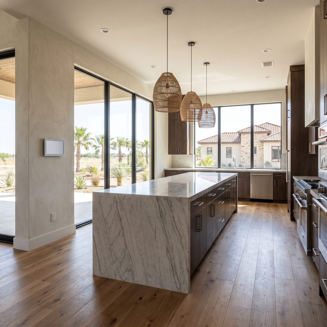 A large kitchen with a waterfall island and a wall touch panel