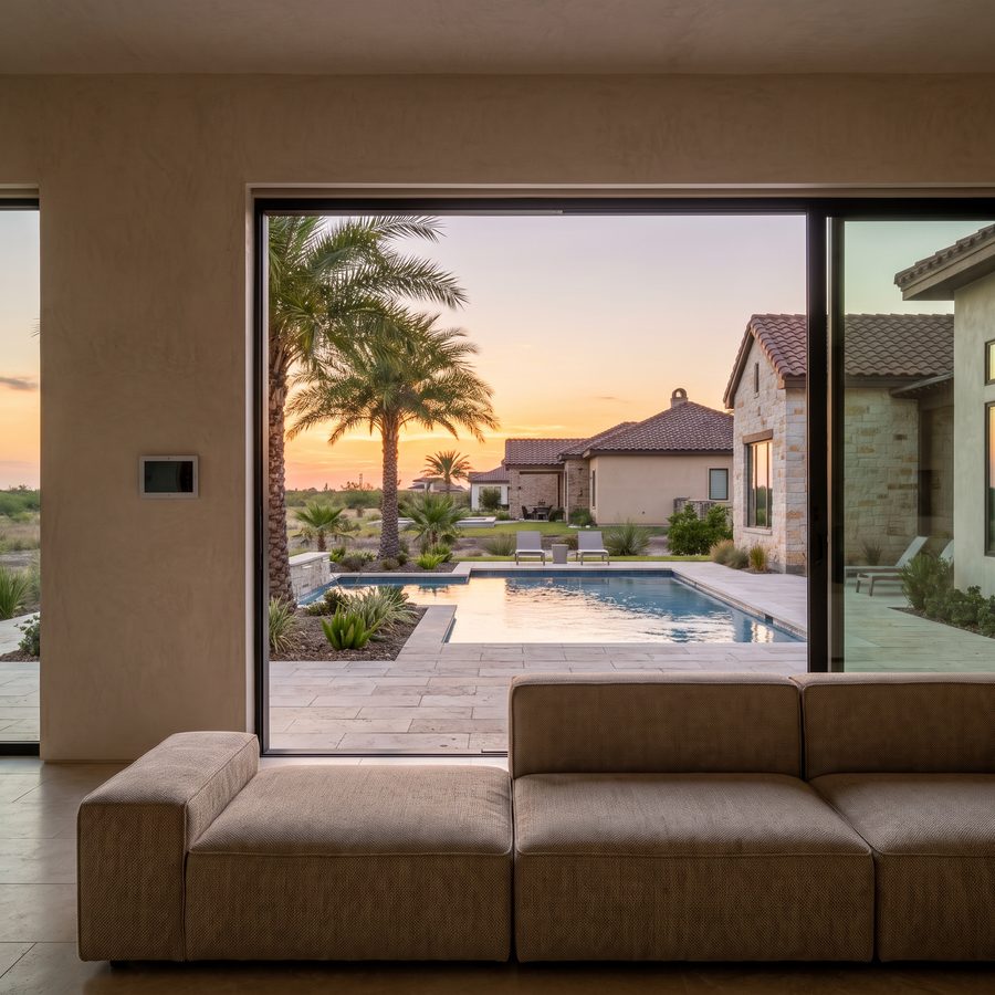 A living room opening to a pool terrace at sunset