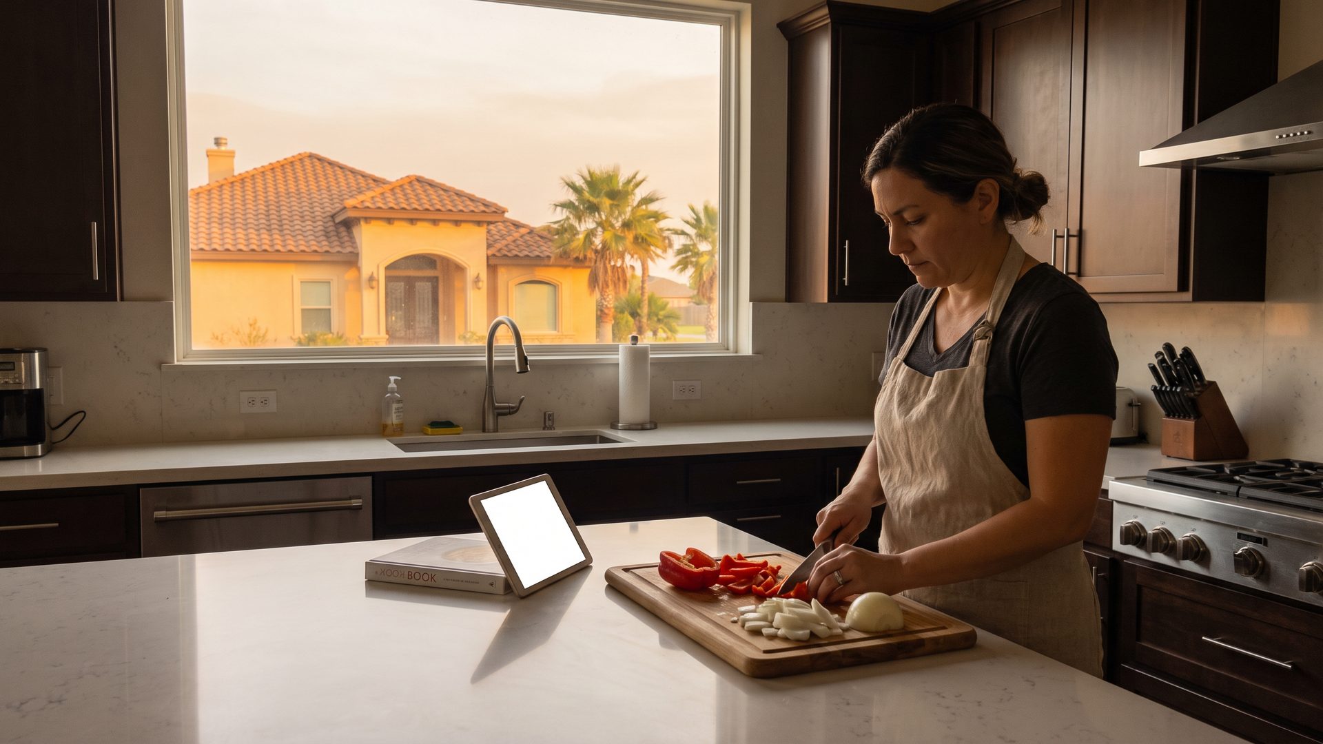 A woman cooking in a kitchen with a tablet on the counter