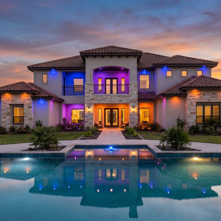 A two-story home with colored accent lighting beside a pool at twilight