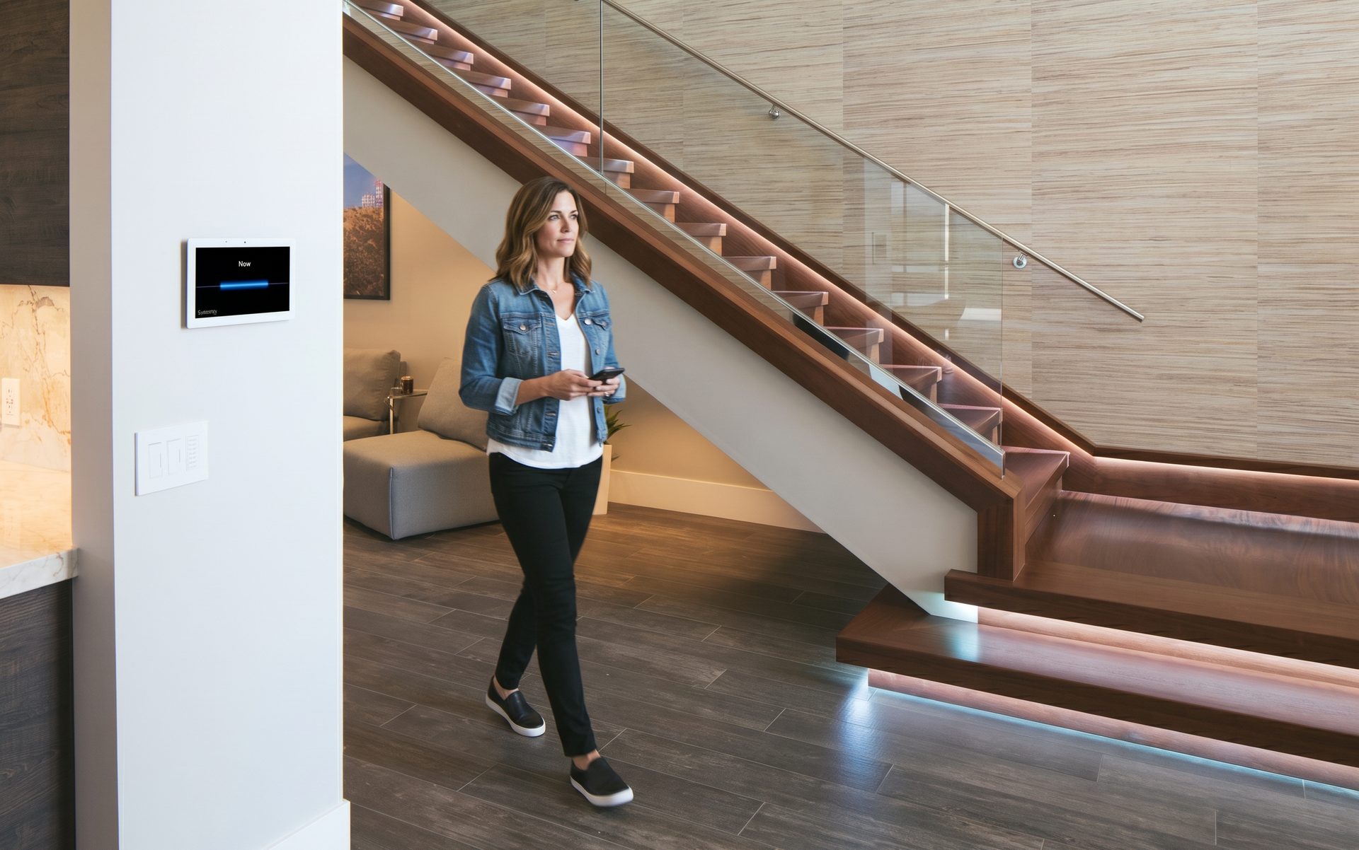 A woman walking past a wall-mounted touch panel