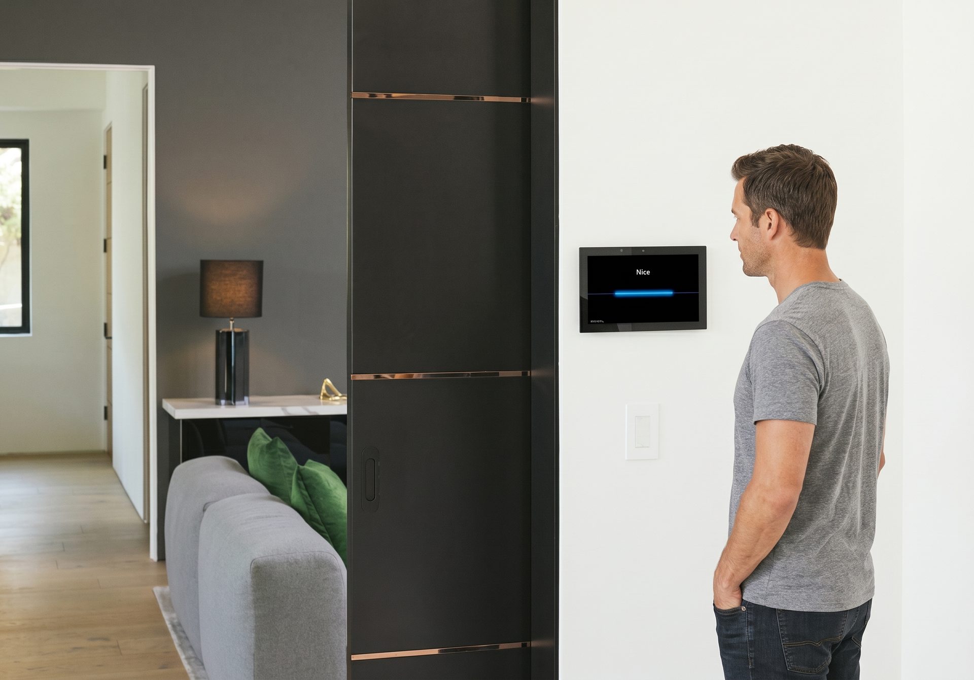 A man speaking to a wall-mounted touch panel