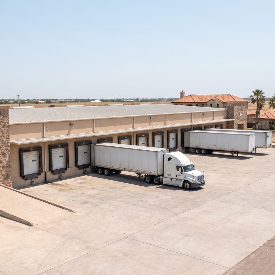 A warehouse with a row of loading dock doors