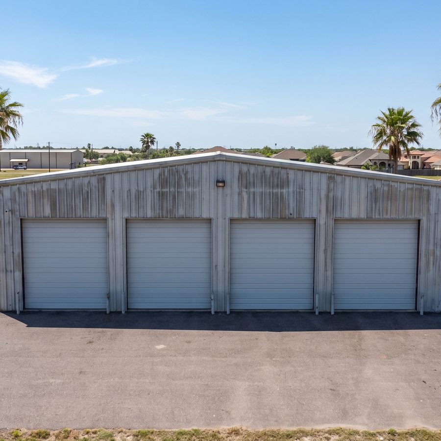 A metal building with four sectional overhead doors