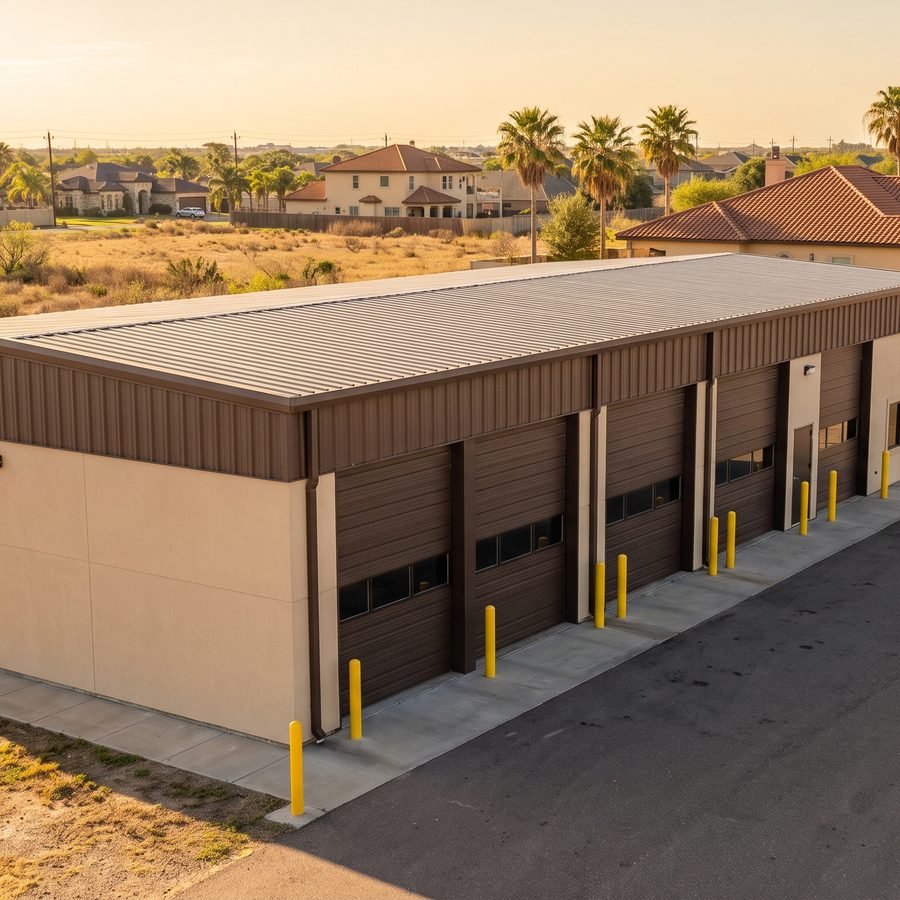 A light-industrial building with brown overhead doors
