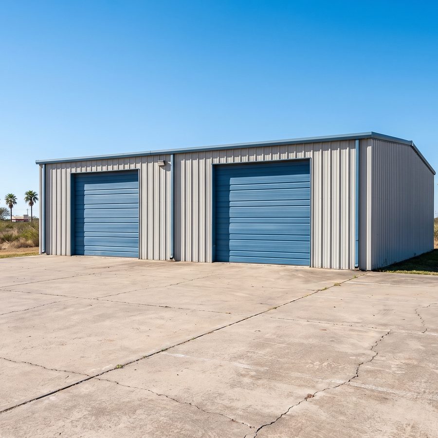 A steel building with two blue roll-up doors