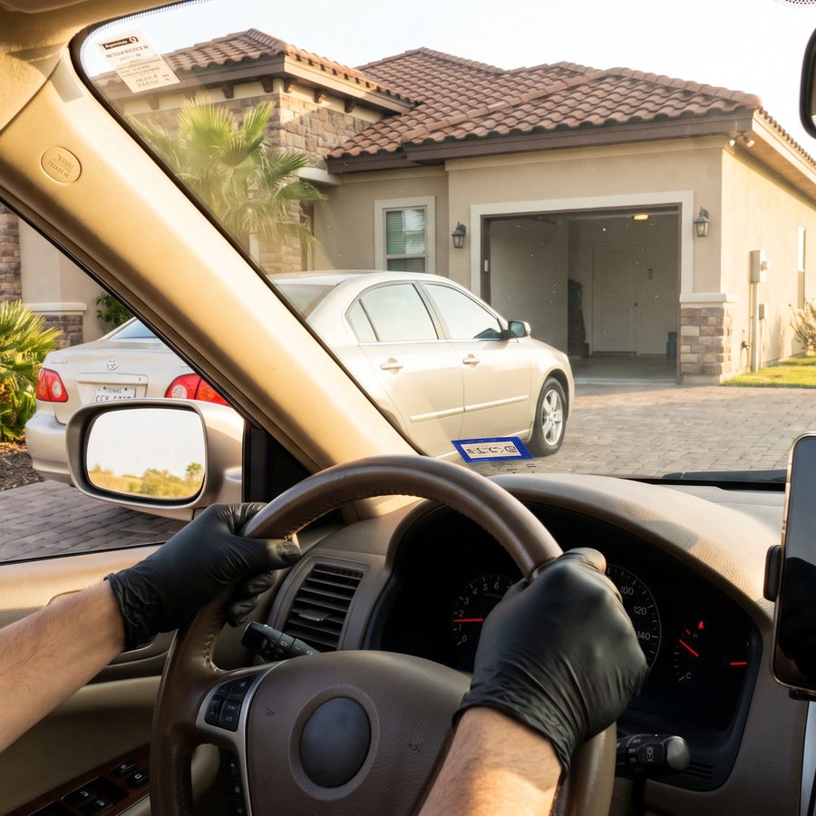 A driver pulling into a home driveway with a phone on the dashboard