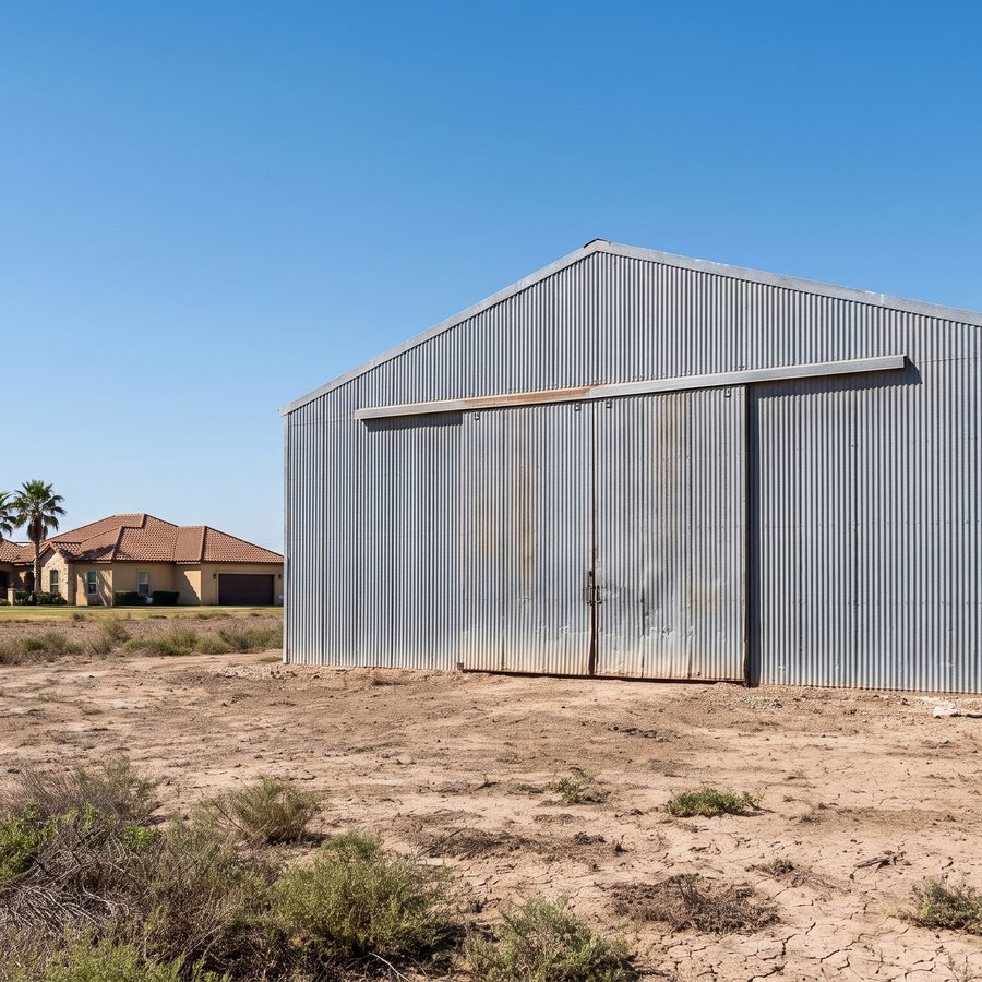 A metal farm building with a wide sliding door