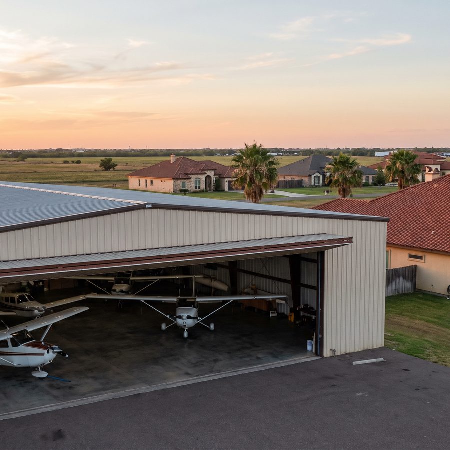An aircraft hangar with its door open