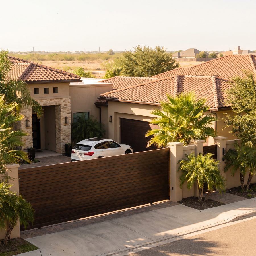 A home behind a brown sliding driveway gate