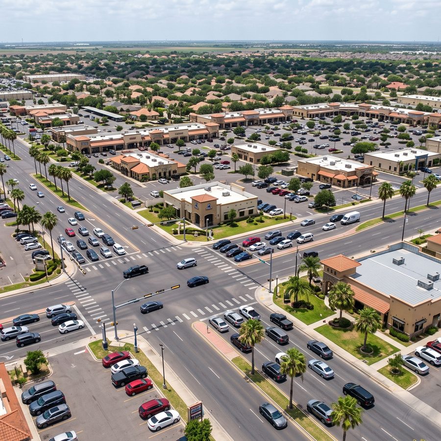 An aerial view of a commercial district in McAllen
