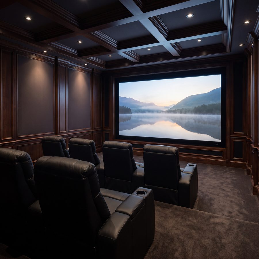 A home theater with recliners and a projection screen