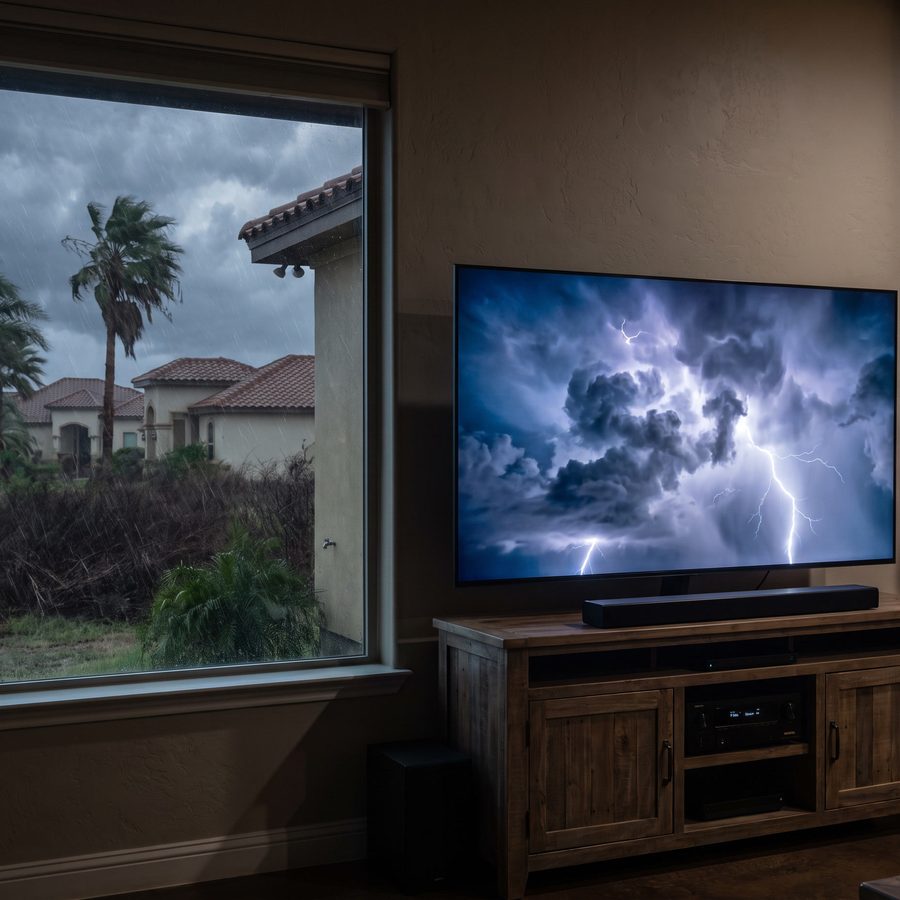 A storm outside the window of a living room with a TV