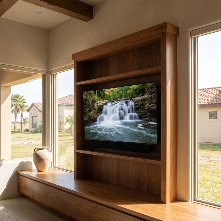 A wood media wall with a TV showing a waterfall