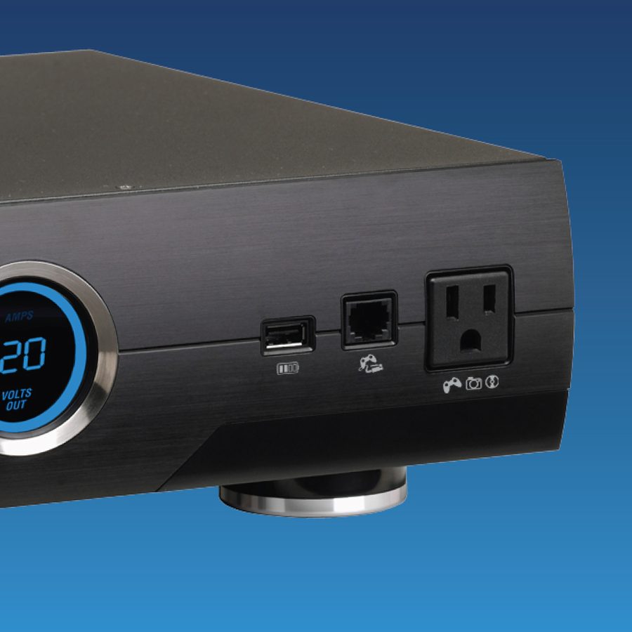 Front panel USB charging port on a power conditioner