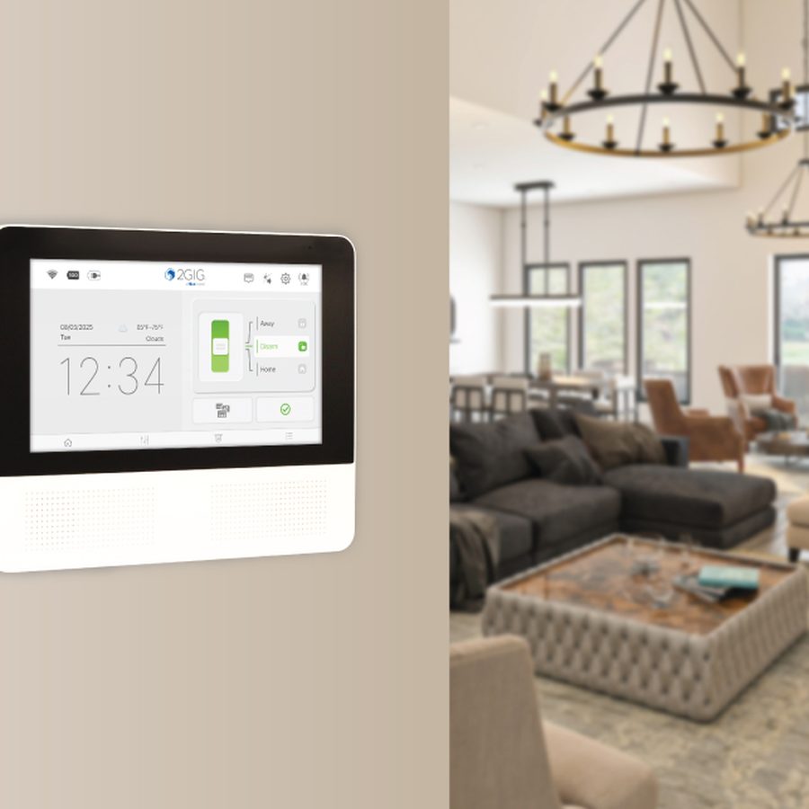 The 2GIG GC Touch security panel mounted on a wall