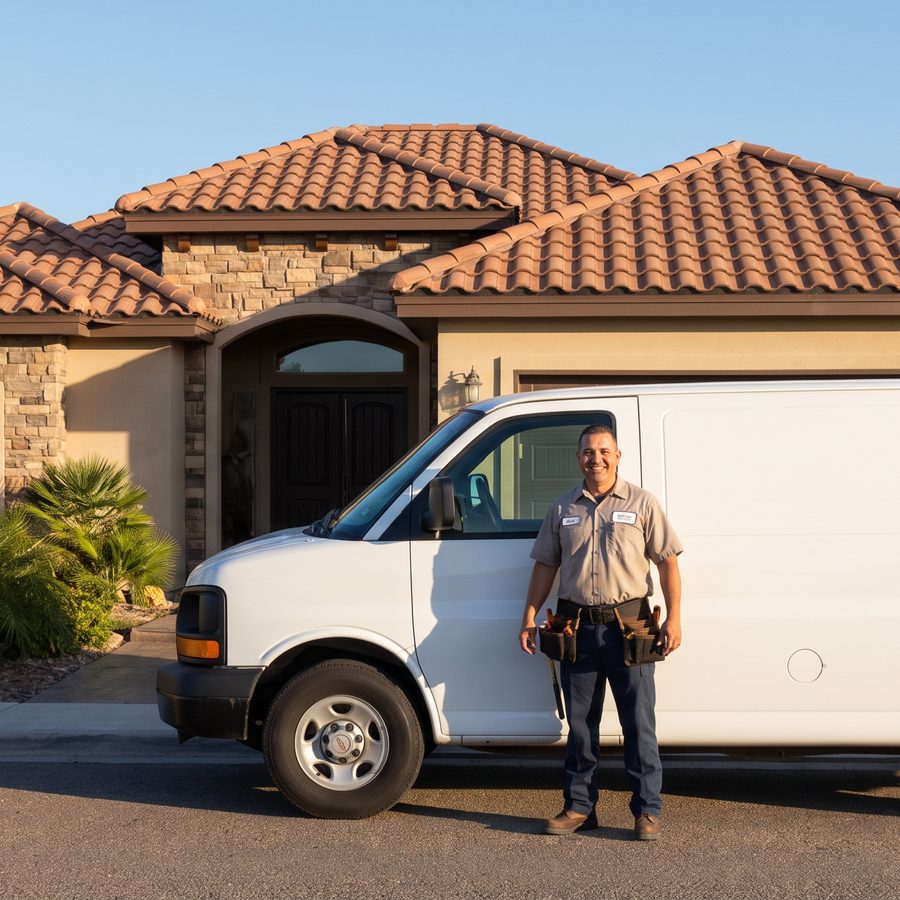 A technician beside a service van in front of a home
