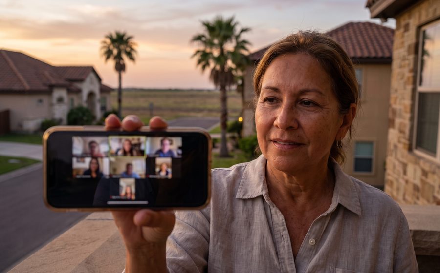 A woman on a video call on her phone outside her home