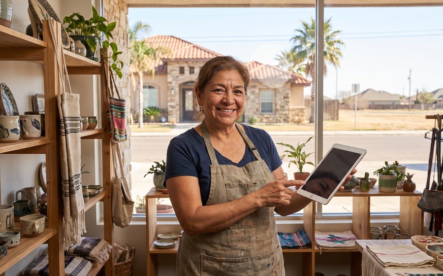A shop owner holding a tablet in her store
