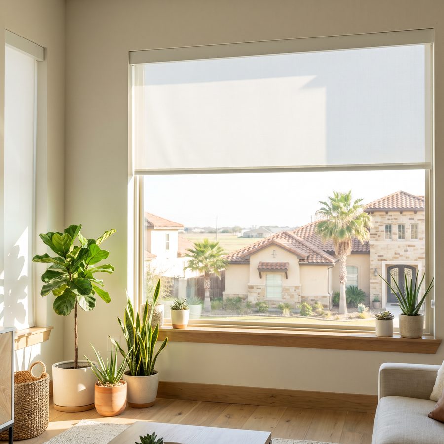 A white roller shade half lowered over a living room window