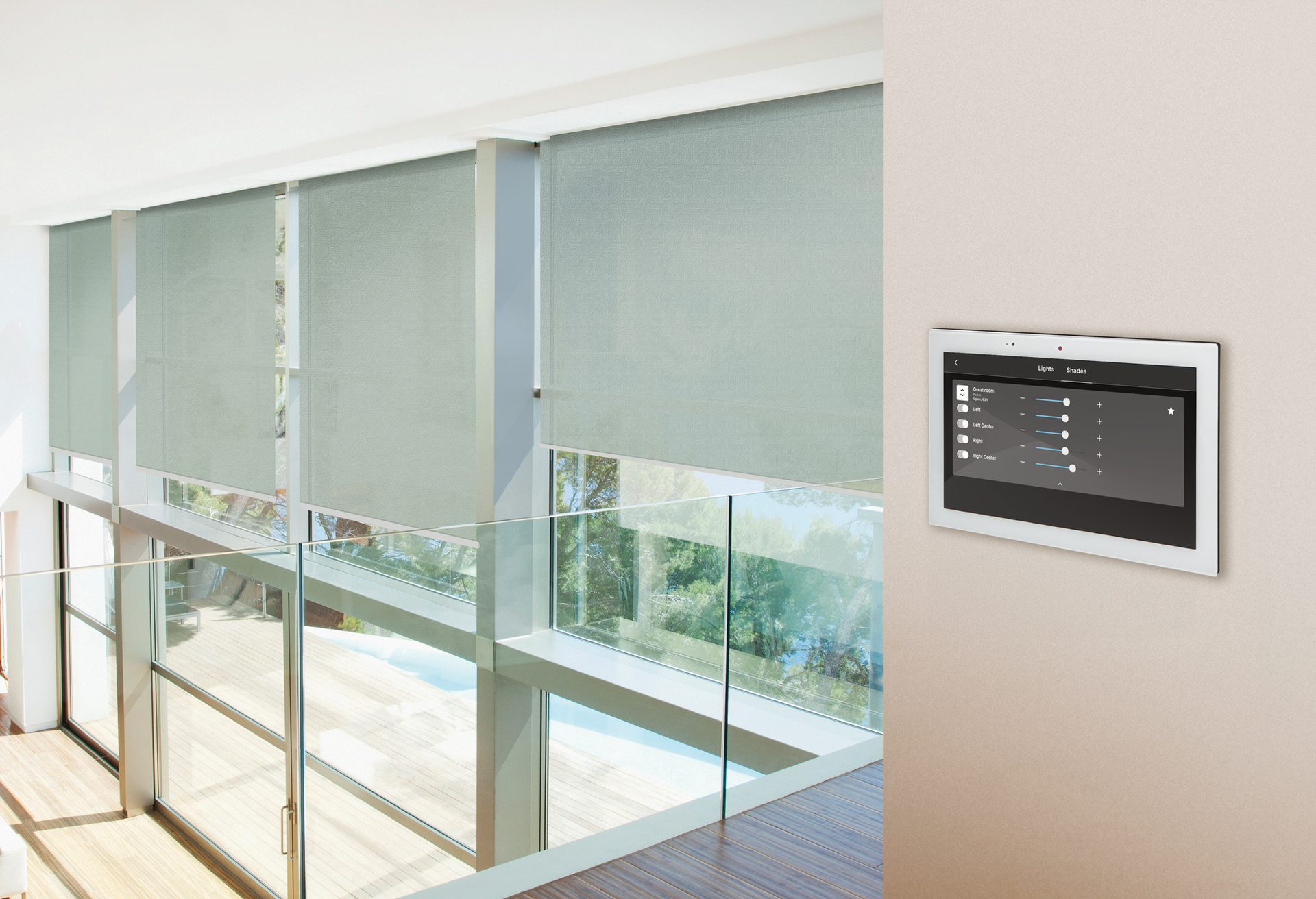 Motorized shades lowered in a modern living room